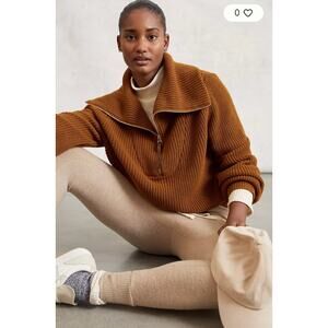 Varley Mentone Pullover quarter gold zip knit sweater in Cedar Brown